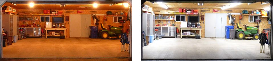 Before and after pictures of garage lighting upgrade