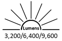 3,200 / 6,400 / 9,600 Lumens