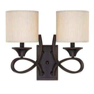 Lenola Two-Light Indoor Wall Fixture Amber Bronze Finish with Beige Fabric Shades