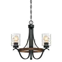 Barnwell Three-Light Indoor Chandelier Textured Iron and Barnwood Finish with Clear Hammered Glass