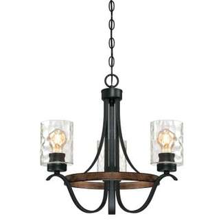 Barnwell Three-Light Indoor Chandelier Textured Iron and Barnwood Finish with Clear Hammered Glass