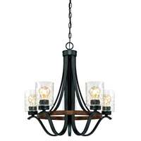 Barnwell Five-Light Indoor Chandelier Textured Iron and Barnwood Finish with Clear Hammered Glass