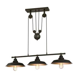 Iron Hill Three-Light Indoor Island Pulley Pendant Oil Rubbed Bronze Finish with Highlights and Metallic Bronze Interior