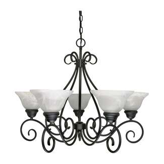 28&quot; - 5 Light - 60W Max Textured Flat Black Finish Arms Up Alabaster Swirl Glass Nuvo Lighting