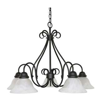 28&quot; - 5 Light - 60W Max Textured Flat Black Finish Arms Down Alabaster Swirl Glass Nuvo Lighting