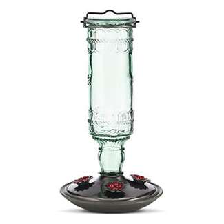 Green Antique Bottle Glass Hummingbird Feeder 10 OZ Capacity