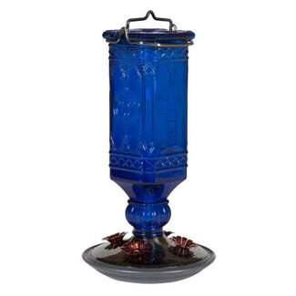 Cobalt Blue Antique Square Bottle Hummingbird Feeder 16 OZ Nectar Capacity