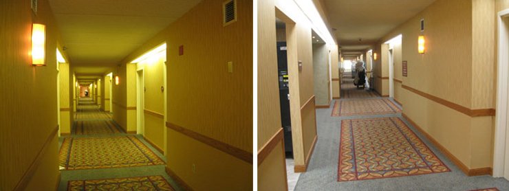 Hotel hallway before and after an upgrade to Vi-Tek 93 Plus